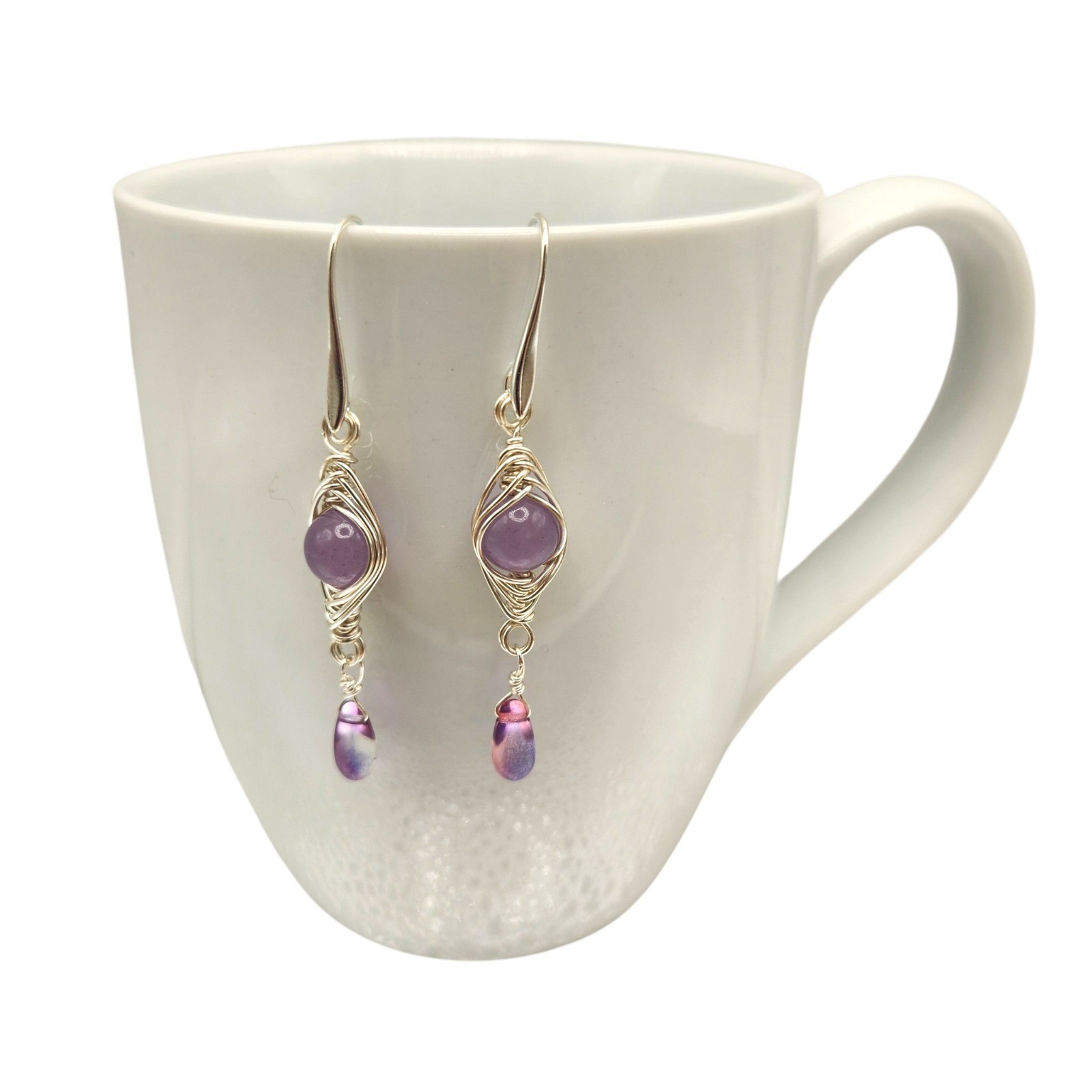 Handmade Stone Herringbone Wire Wrapped Dangle Earrings Gold Silver Bronze