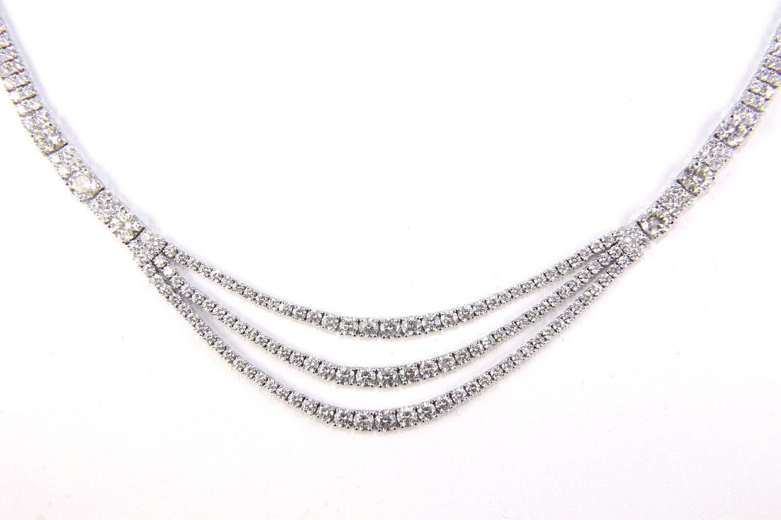 Round Diamond 3 Row Cluster Graduated Tennis Necklace 18K White Gold 23.14Ct