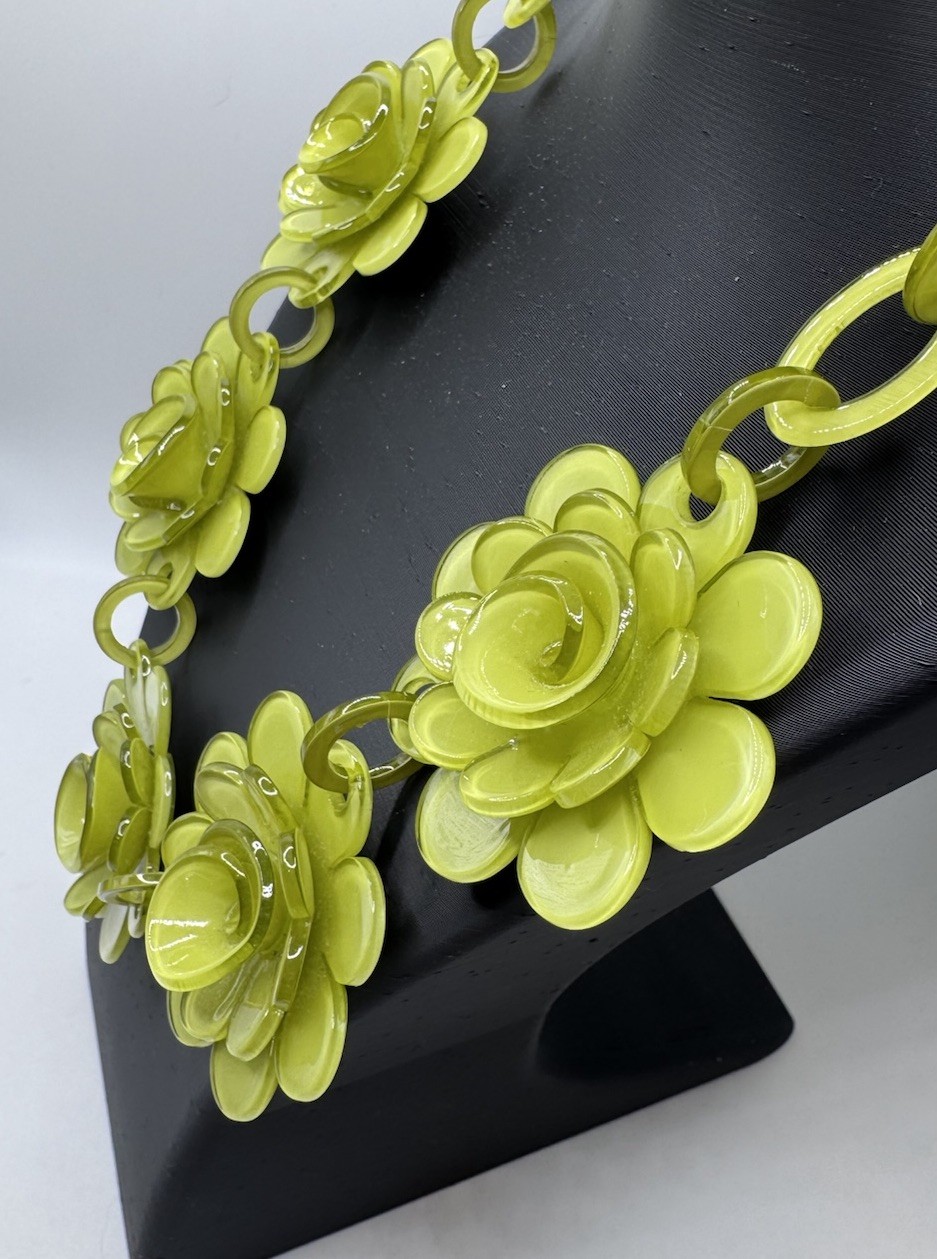 Lime Green Floral Statement Necklace Earrings Set Chunky Flower Artsy Funky Fun