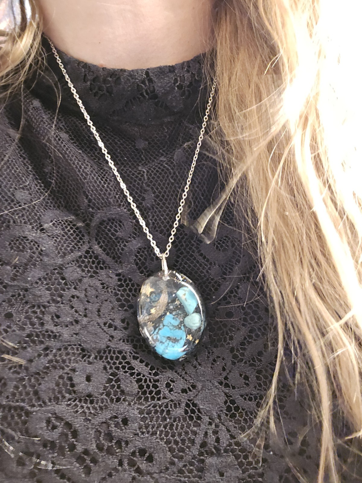 Turquoise Galaxy Resin Pendant Artisan Necklace 20 Inch Stainless Steel Chain