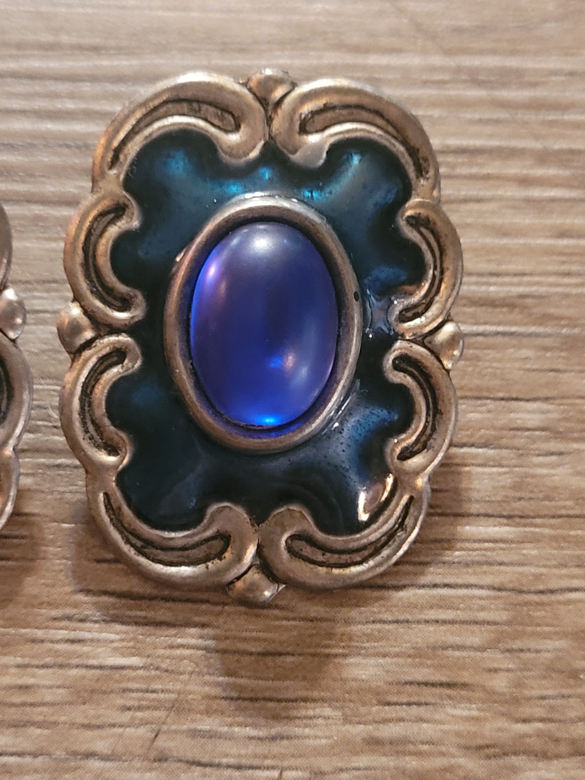 vintage Earrings,blue cabochons gold-tone metal enamel mid-20th-century styles.