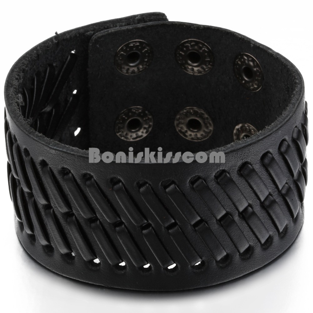 Super Wide Black Leather Men‘s Boys Adjustable Cuff Strap Wristband Bracelet