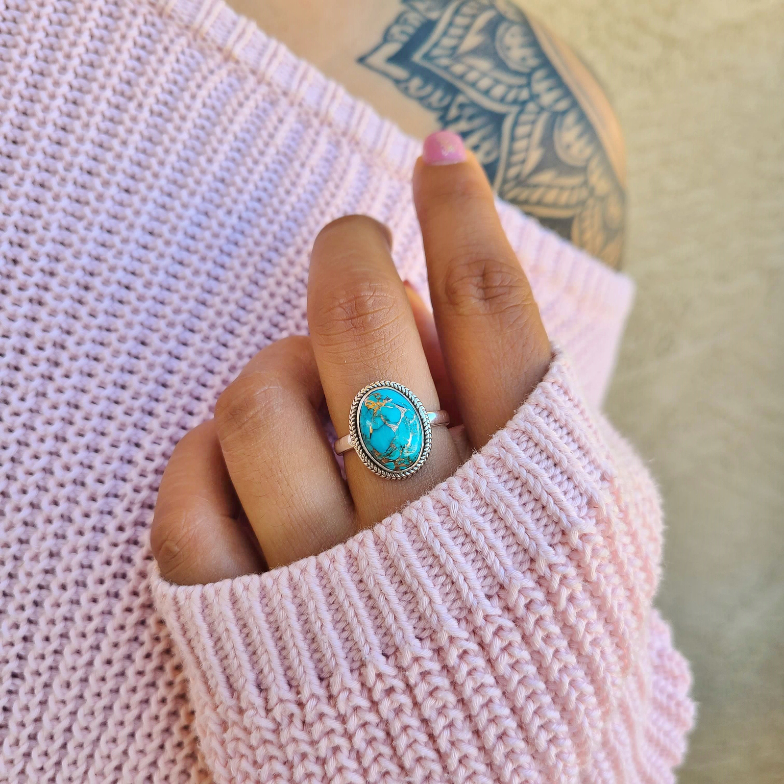 Genuine Copper Turquoise Ring 925 Sterling Silver Ring Hand Made Ships From USA