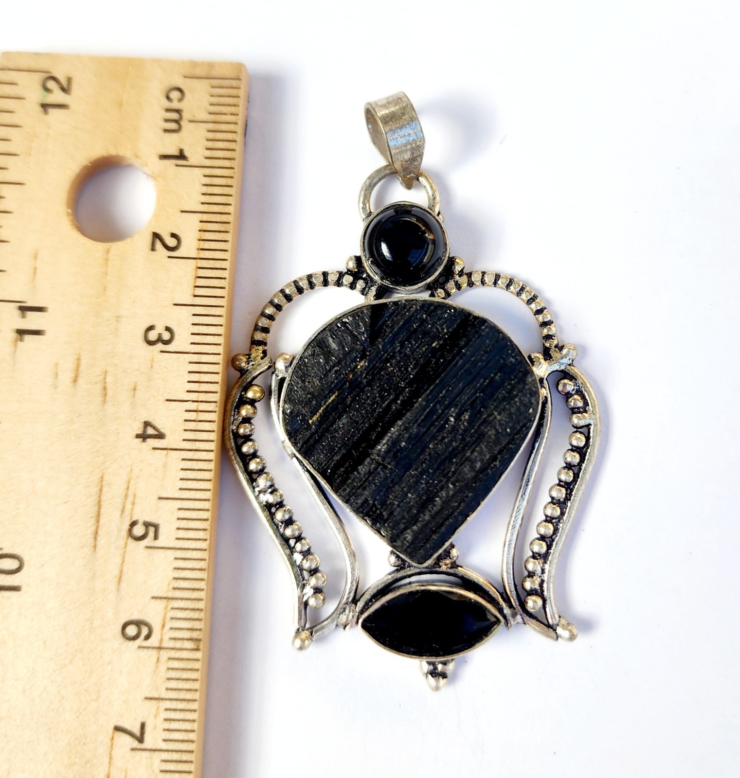 Sterling silver tourmaline & BLACK onyx PENDANT STONE INLAY & CABOCHONS BEZEL