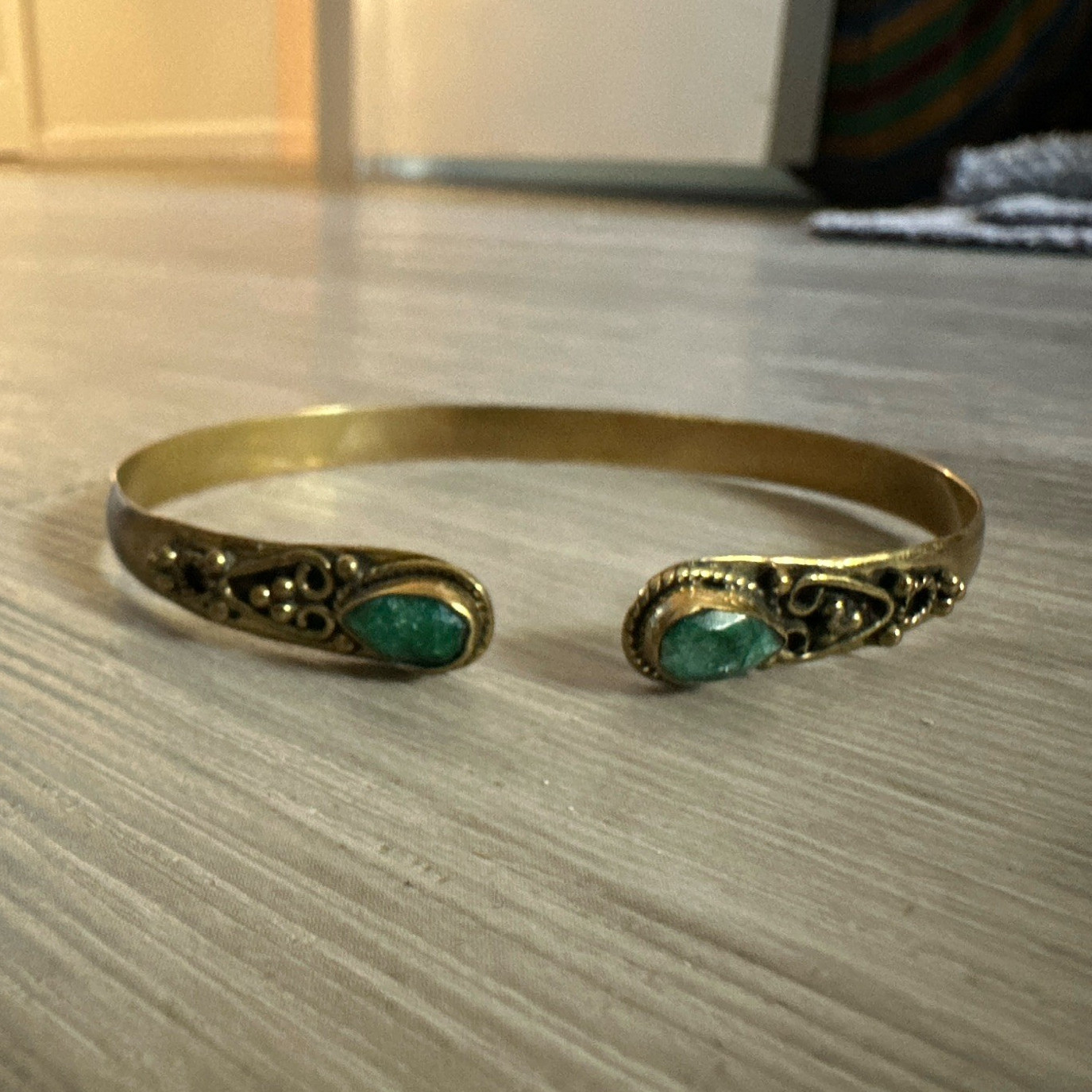 Gold Tone Metal Adjustable Open Cuff Bracelet Green Teardrop Bezel Stones