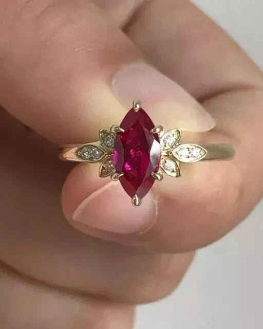 2.15Ct Marquise Cut Ruby & Simulated Diamond Wedding 14K Yellow Gold Plated Ring