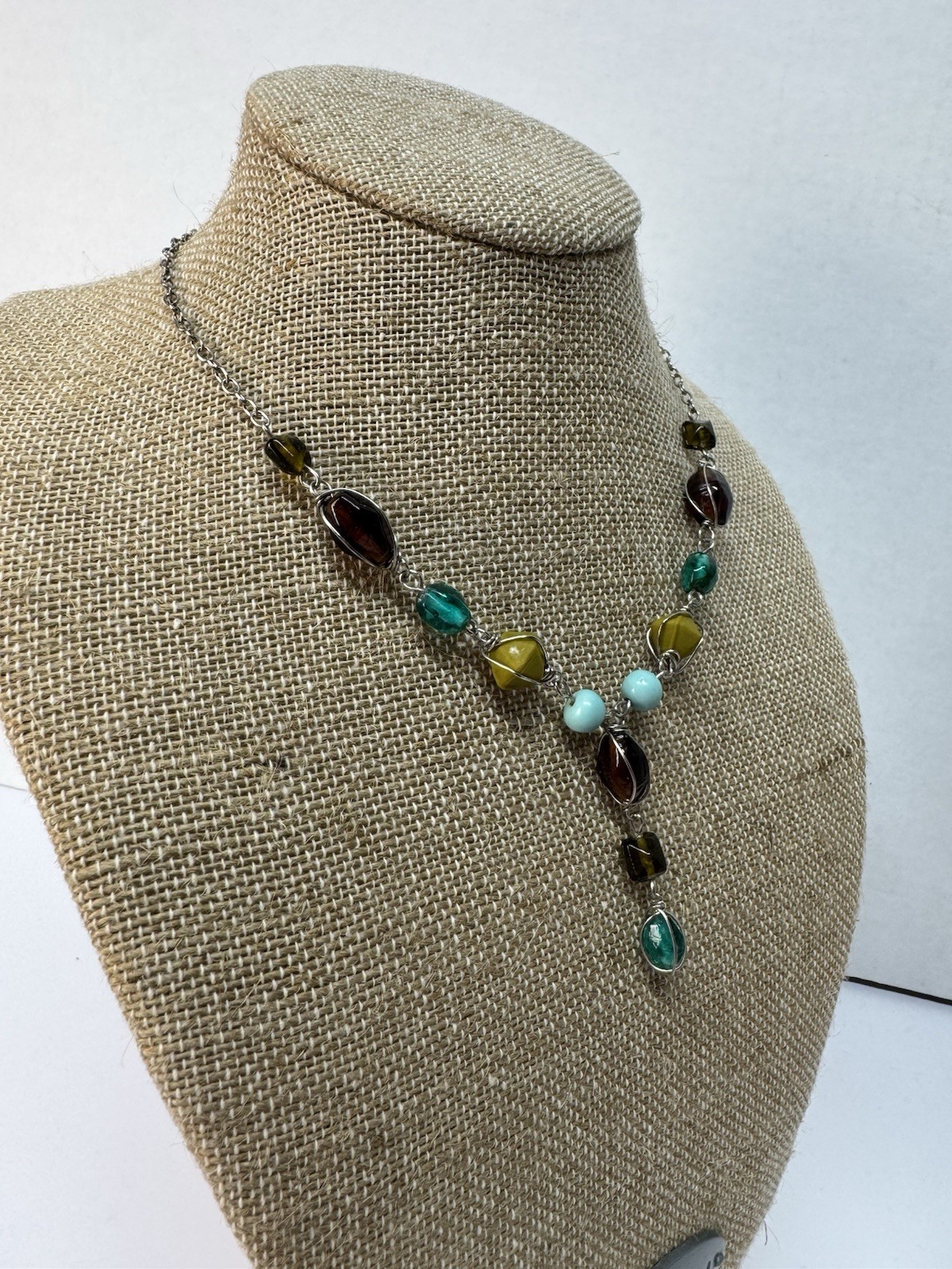 Wire Wrapped Necklace Earthy Brown Green Aqua Blue Glass Y Drop Fairy Whimsical