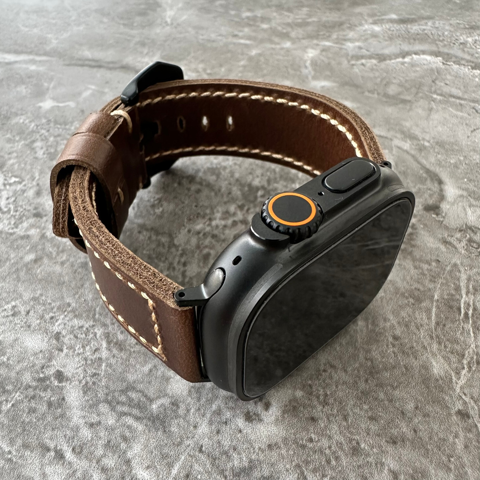 Premium Leather Thick Dark Brown Watch Strap For Black Apple Watch Ultra 49mm