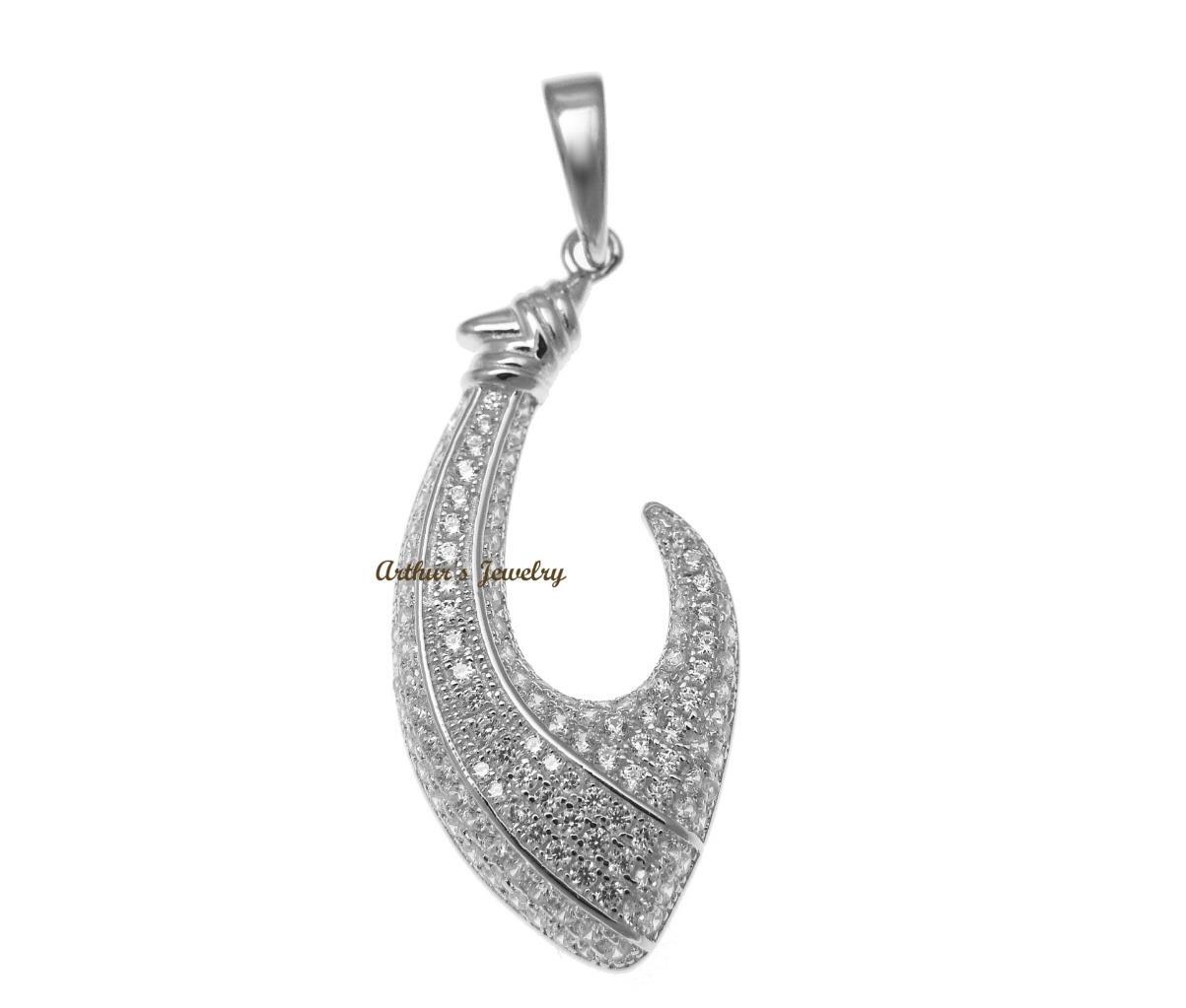 RHODIUM PLATED 925 STERLING SILVER HAWAIIAN FISH HOOK PENDANT CZ 16MM