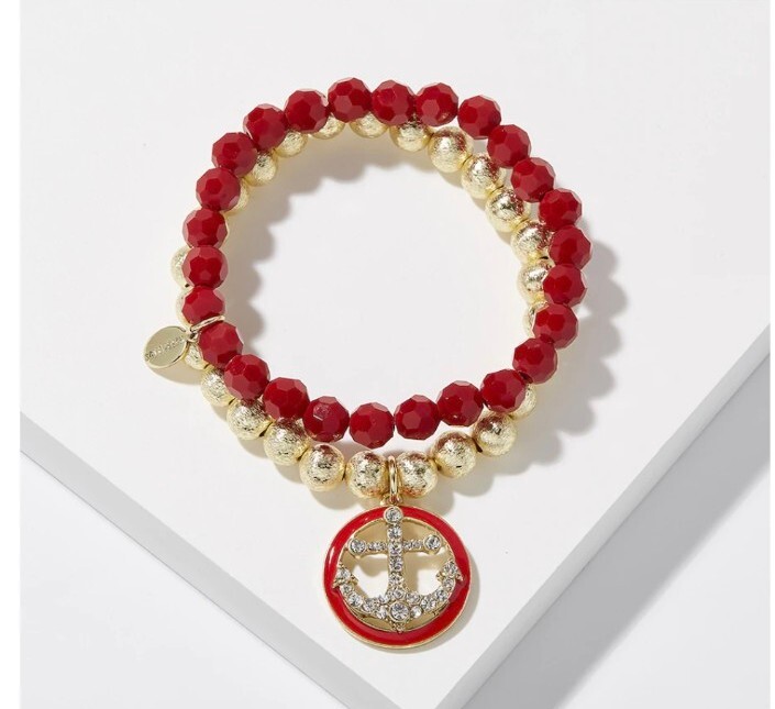 HEIDI DAUS “Anchors Away” Crystal/Enamel Bead Stretch Bracelet Set Red/Sm – NWT