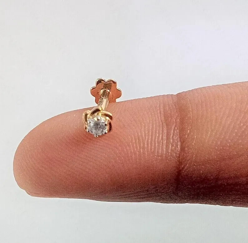 0.05 Ct Round Cut Lab Grown Diamond Nose Piercing Stud Pin 14K Yellow Gold