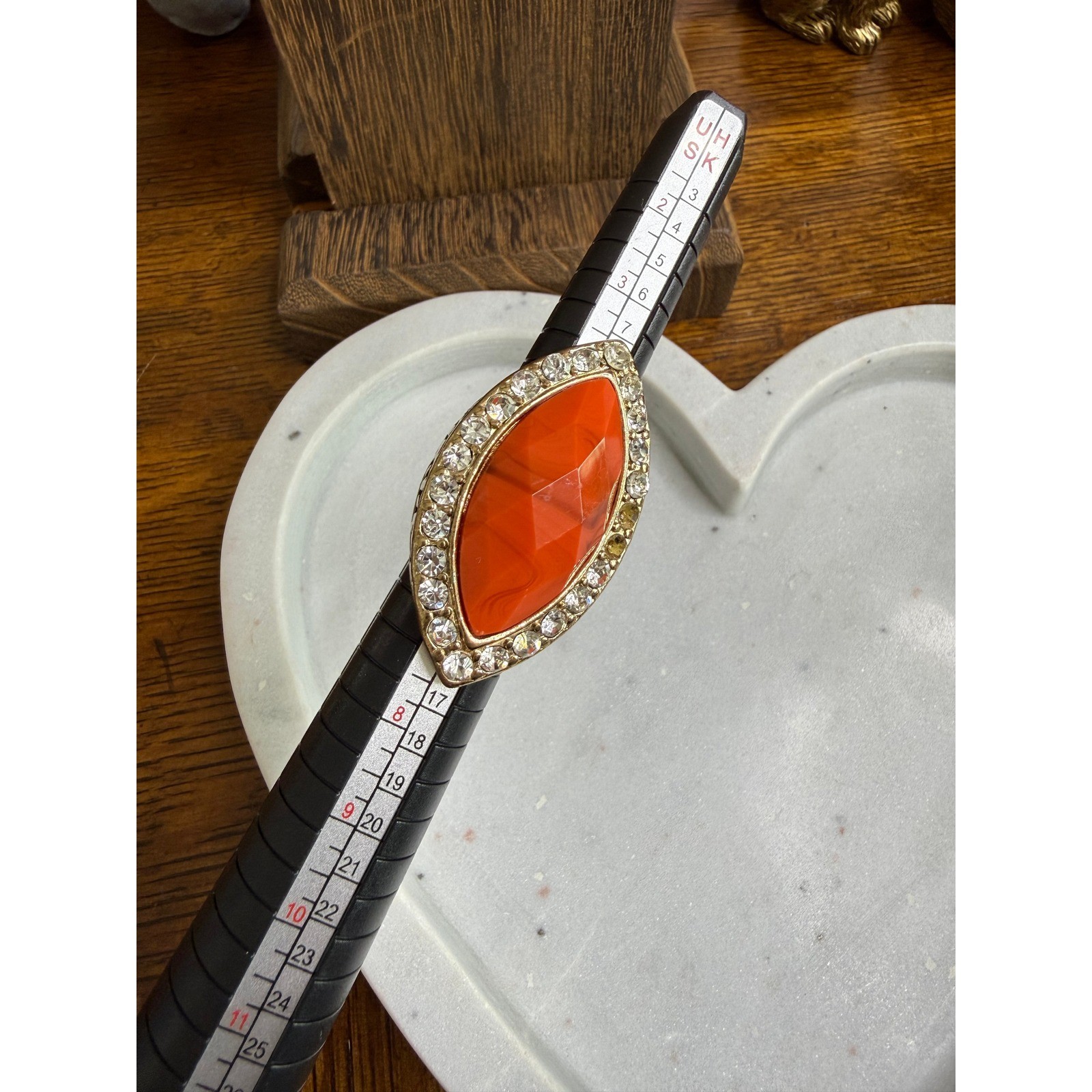 Gold Tone Orange Marquise Resin Rhinestone Leaf Engraved Statement Ring Size 7.5