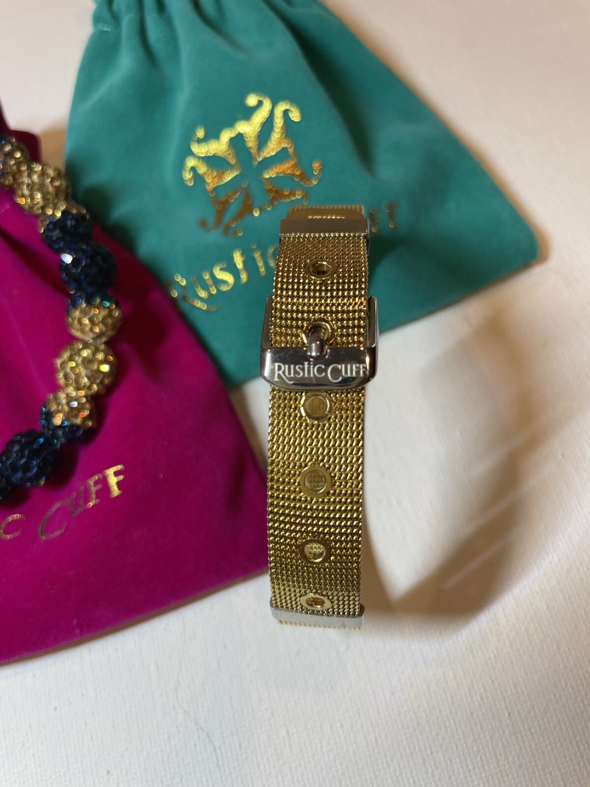 Rustic Cuff Bracelet 2 Piece Set Shambala Beads And Mesh Band Navy/Gold w/bags