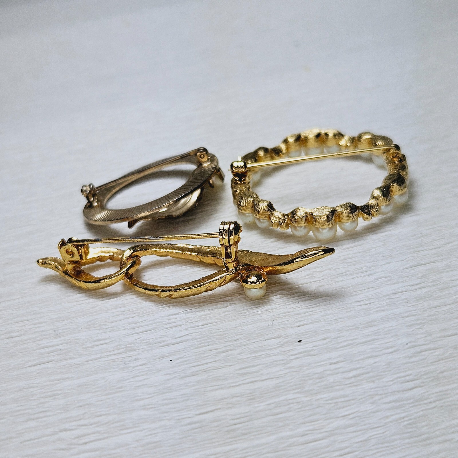 3 Vintage Brooches Faux Pearl Gold Tone Rhinestone 2 Round 1 Bar