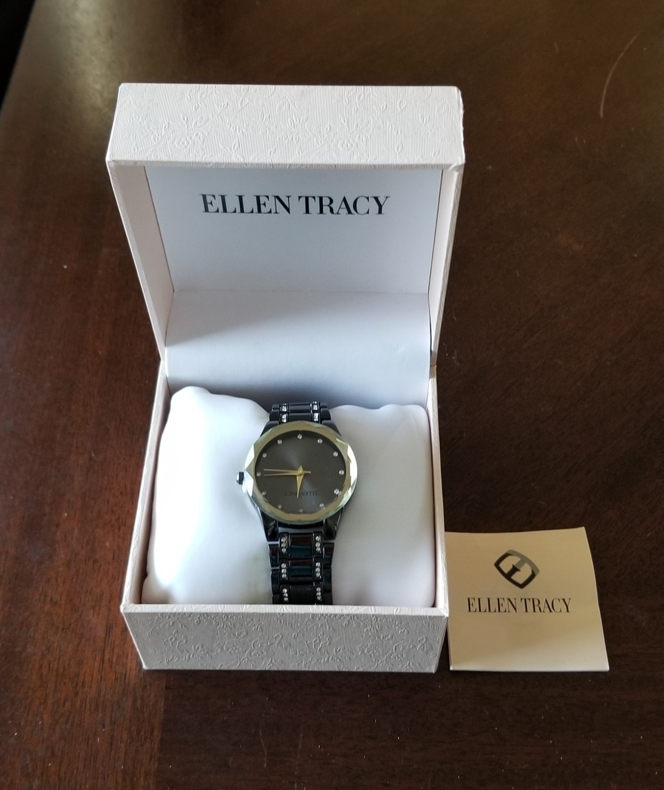 NIB Ellen Tracy Chocolate Watch Mirror Bezel Link Band 6.5″ Max Size Running