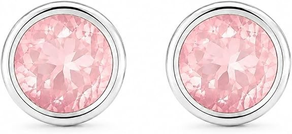 JUS 925 Sterling Silver Round Rose Quartz Stud Earrings Bezel Set Pink Gemstone