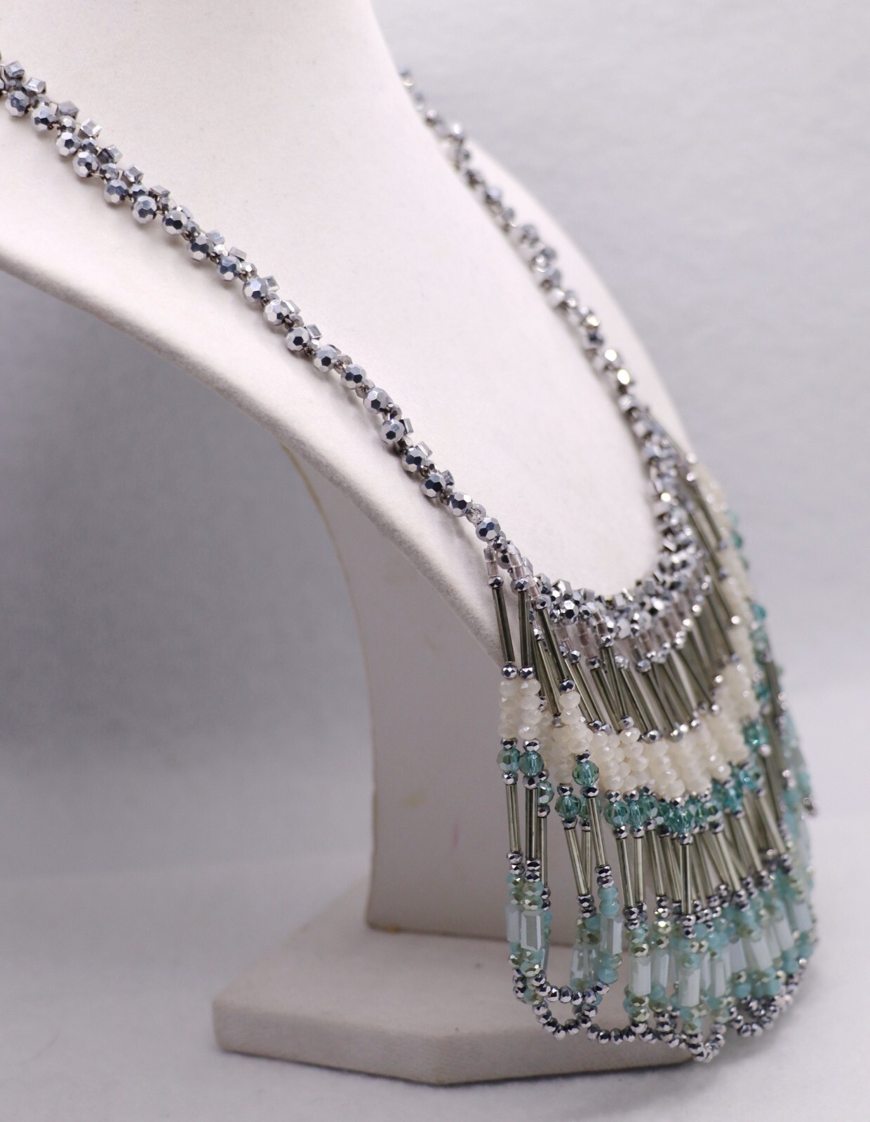 RUSH DENIS & CHARLES Aqua Blue White Silver Crystal Dangle Statement Necklace
