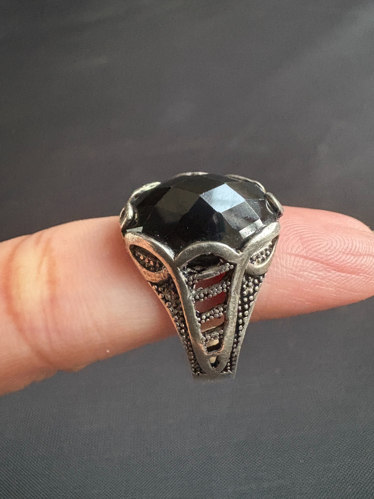 Vintage Silver Ring Faceted Black Onyx Ring Handcrafted Ring 10.75 US