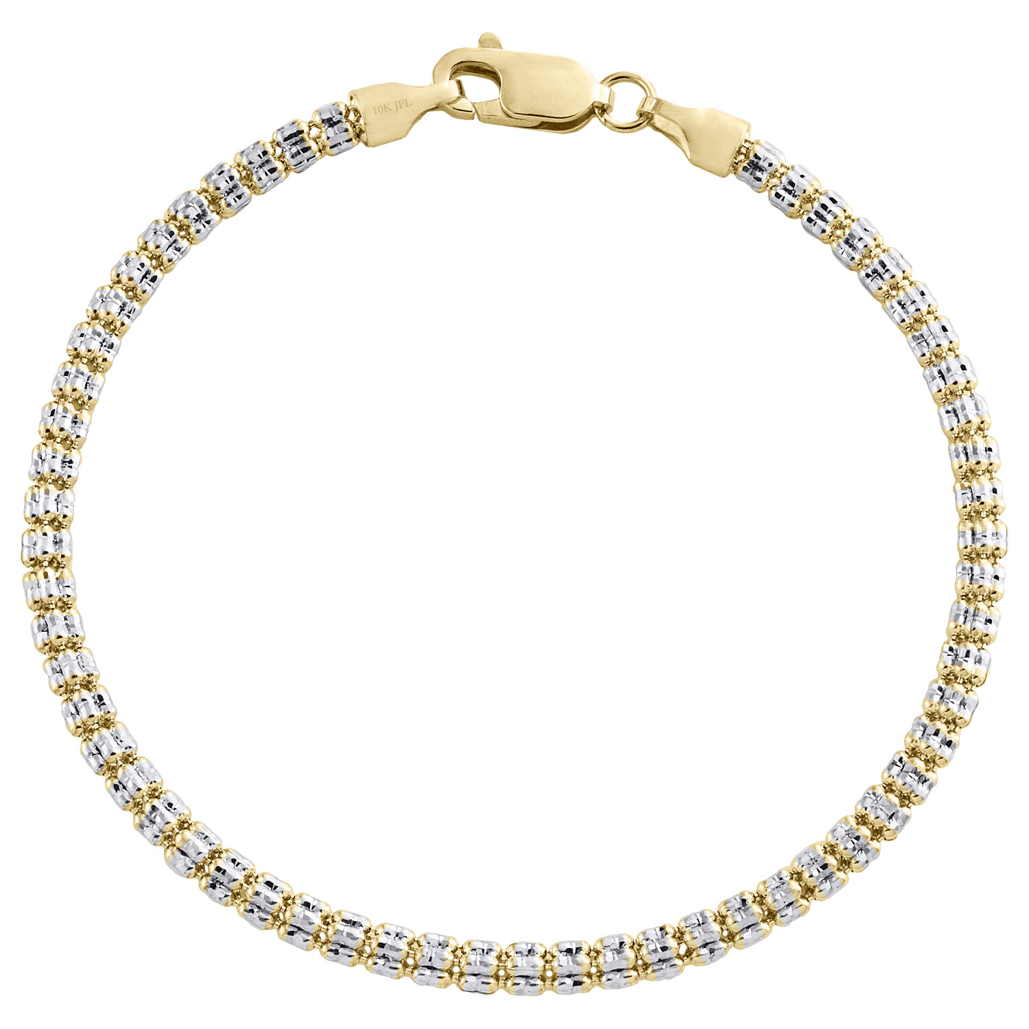 10K Yellow White Gold Two Tone 3mm Diamond Cut Ice Bead Link Bracelet 7-9 Inches