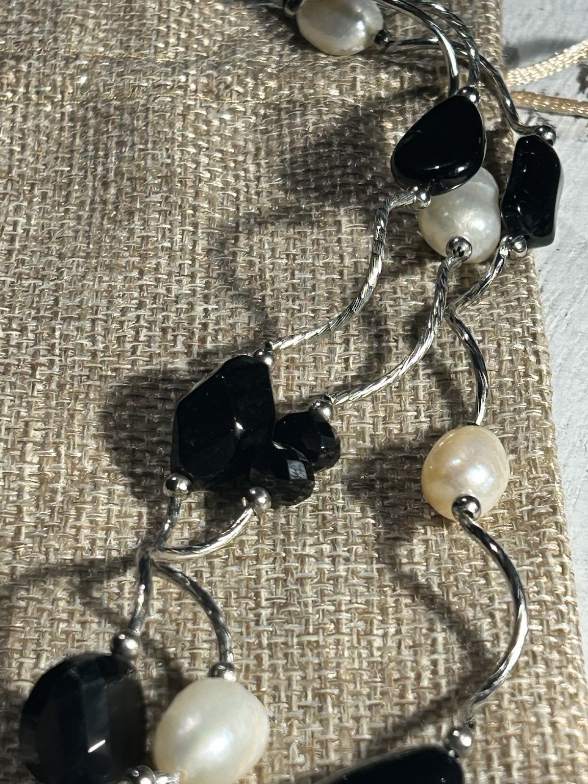 Artisan Black Crystal + Glass Bead Freshwater Pearl 3- Strand Wavy Link Necklace