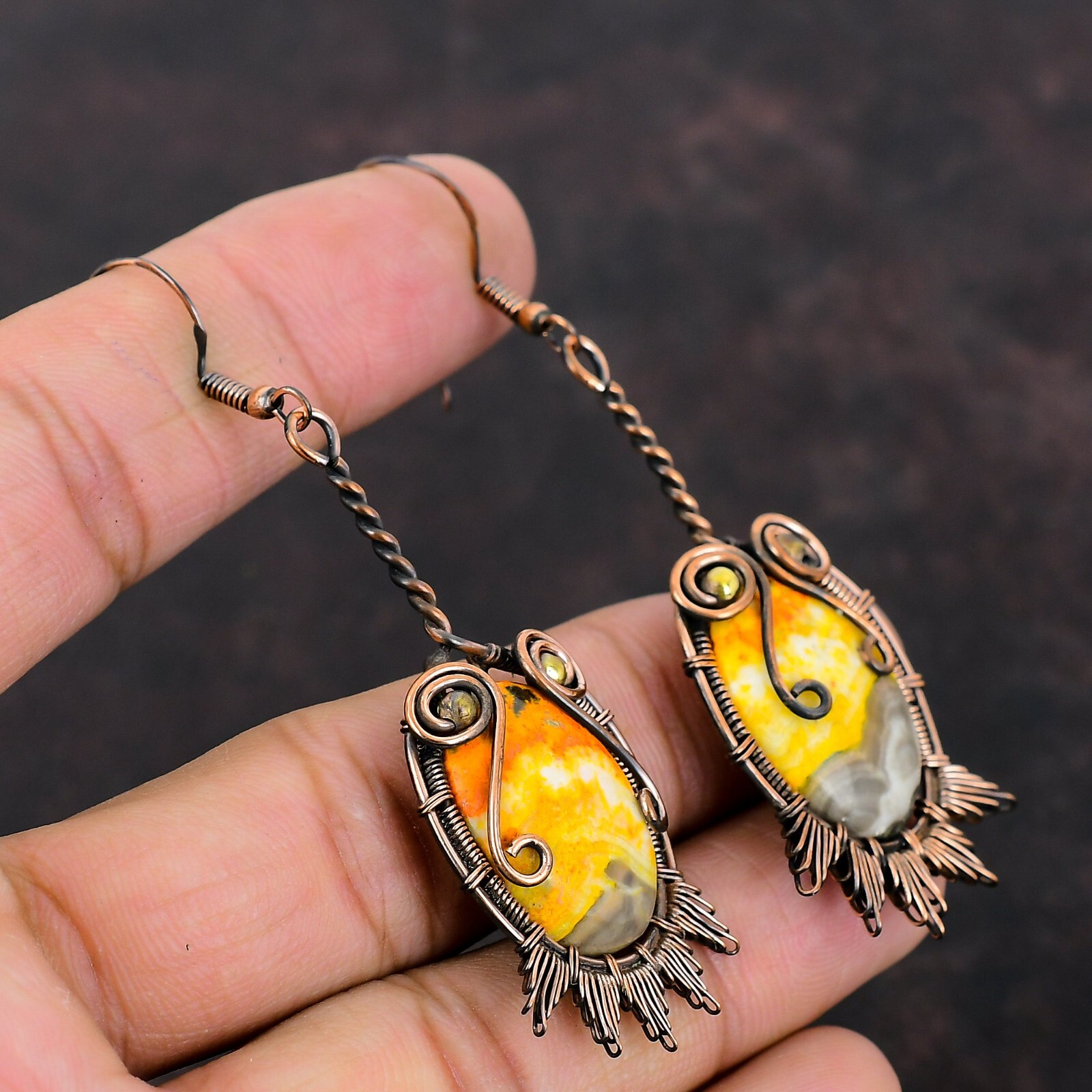 Bumble Bee Jasper Wire Wrapped Drop/Dangle Earrings Copper For Girls 3.07″
