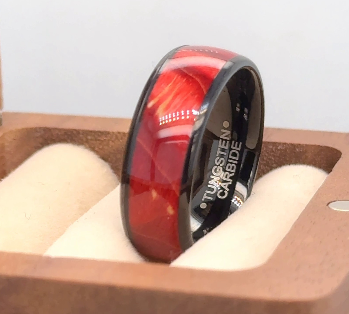 Red Burgundy Color Dyed Wood Inlay Black Tungsten Ring Men’s Wood Wedding Ring