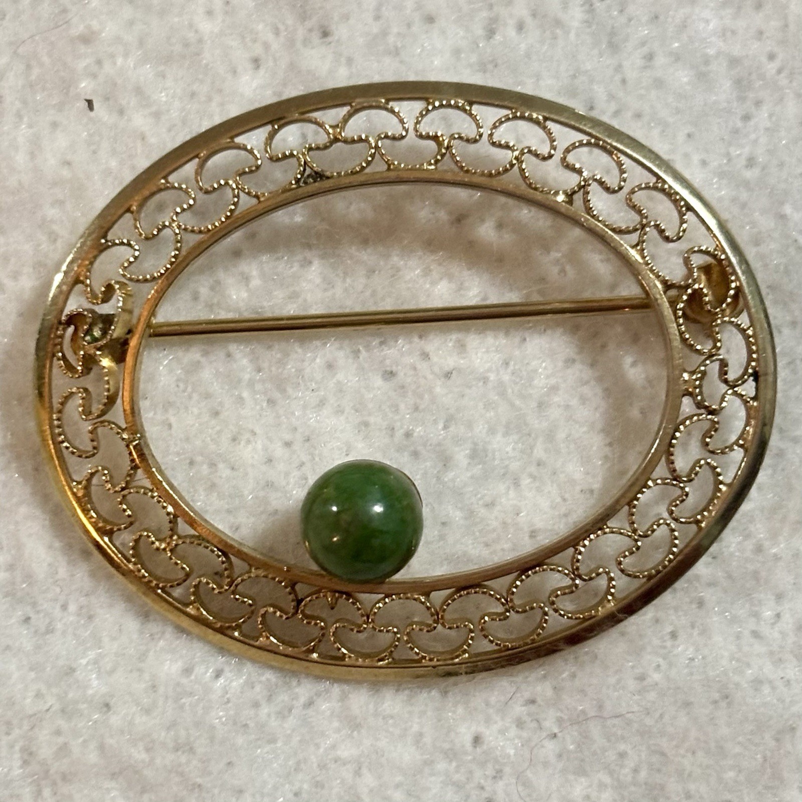 Signed Burt Cassell 12K Gold Filled Green Jade Cabochon Filigree Brooch Vintage