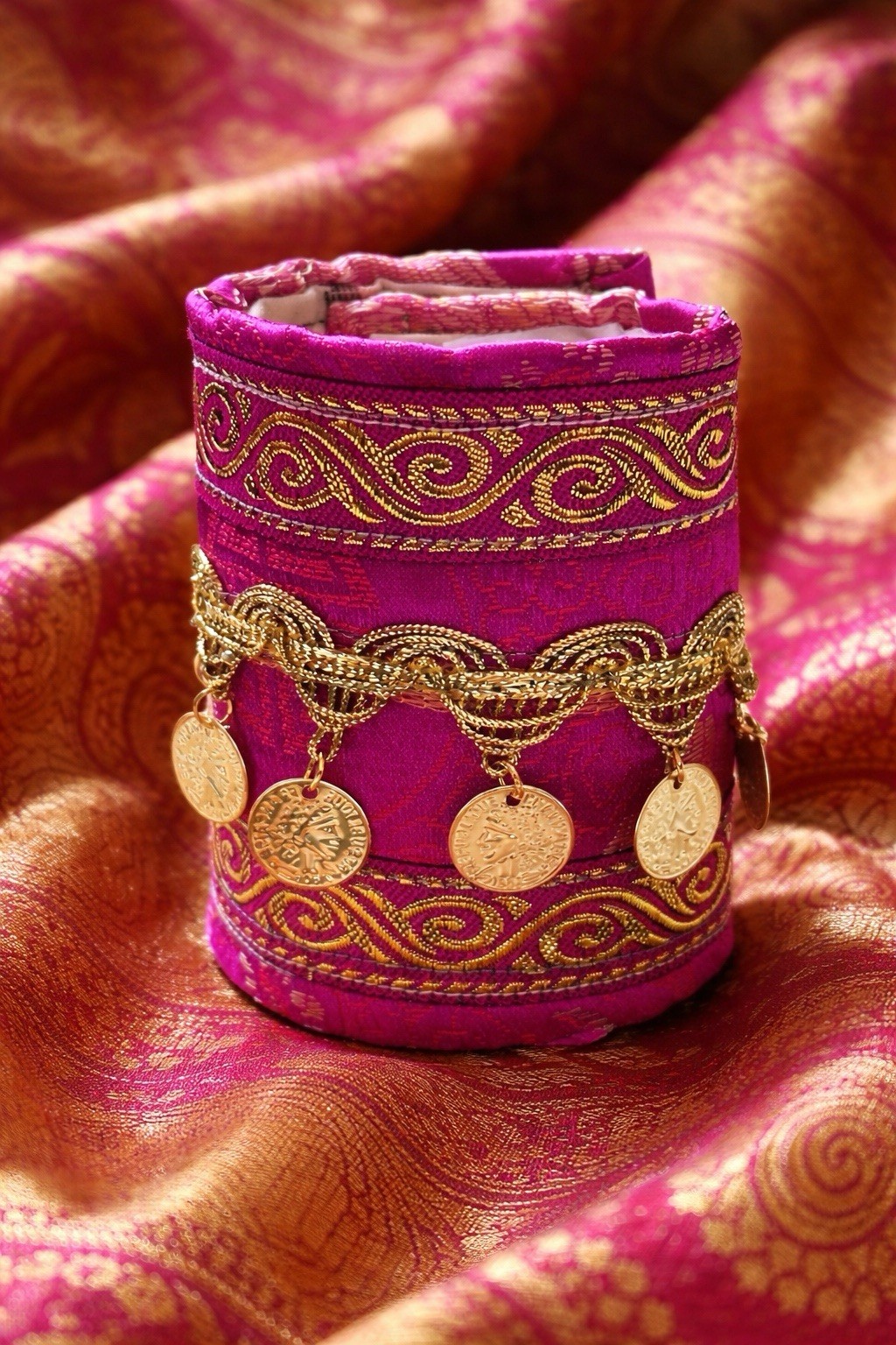 Artisan Fuchsia and Gold Coin Cuff Bracelet Adjustable Wrist Jewelry Art Signed