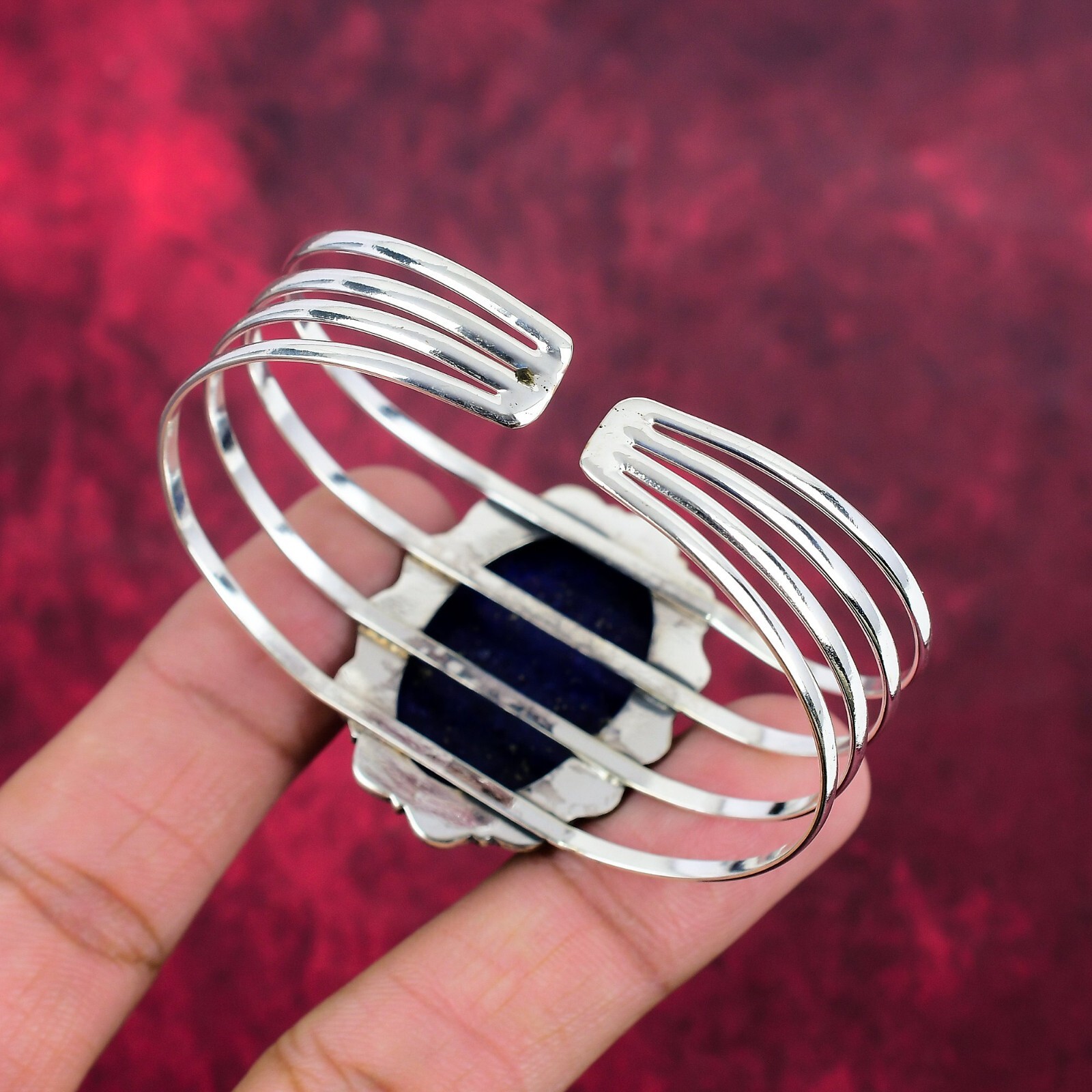 Lapis Lazuli Gemstone Handmade 925 Sterling Silver Adjustable Bangle Jewelry