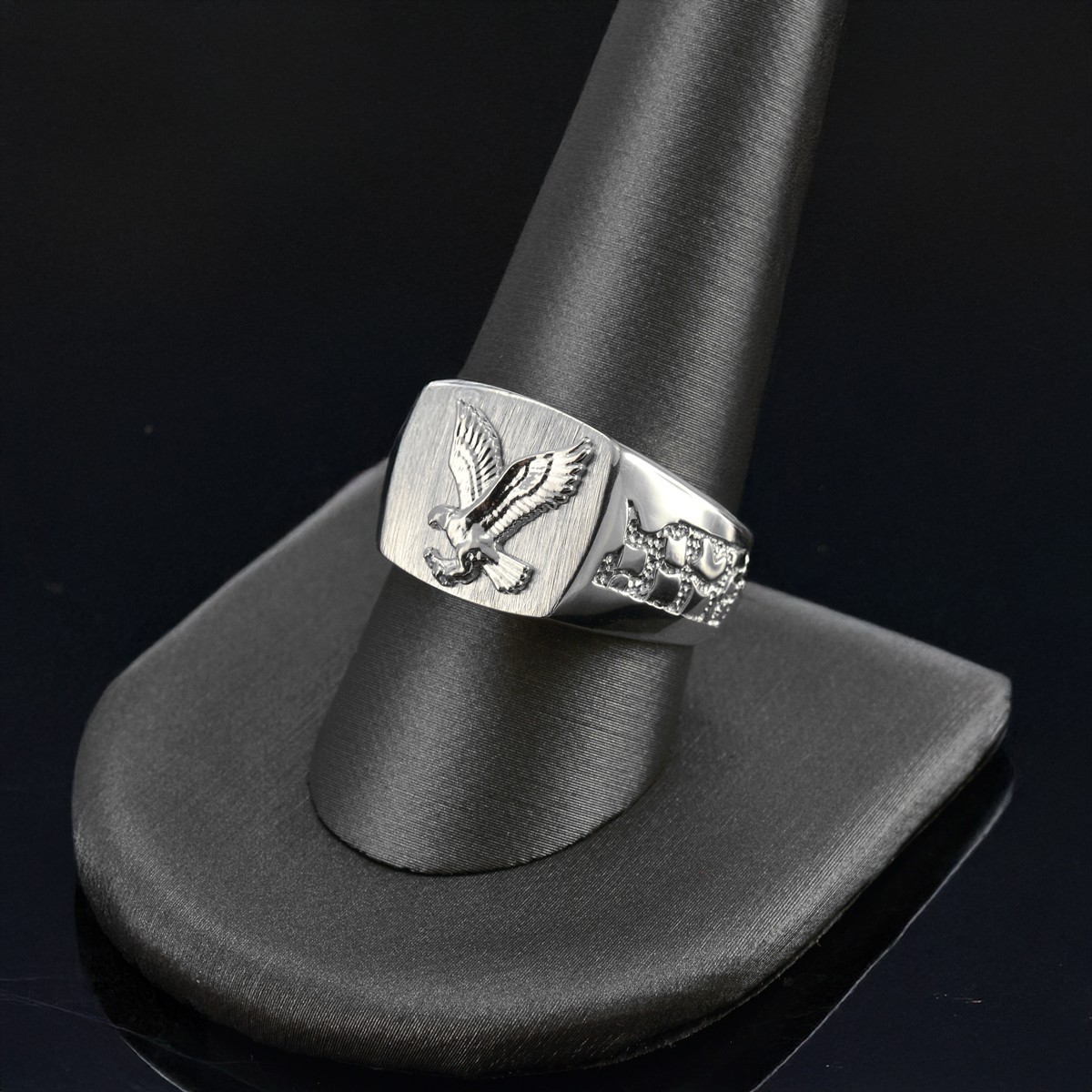 Sterling Silver American Eagle Brushed Signet Ring Men Nugget Band Patriotic USA