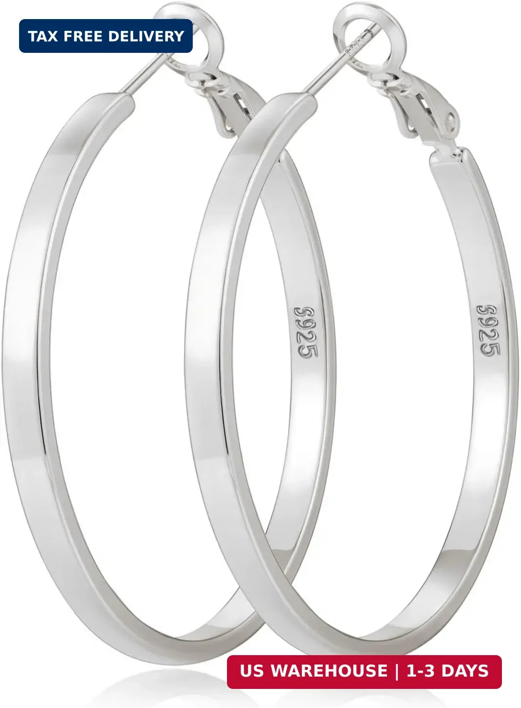 S925 Sterling Silver Post Hoop Earrings for Women Large Lightweight Silver Hoop