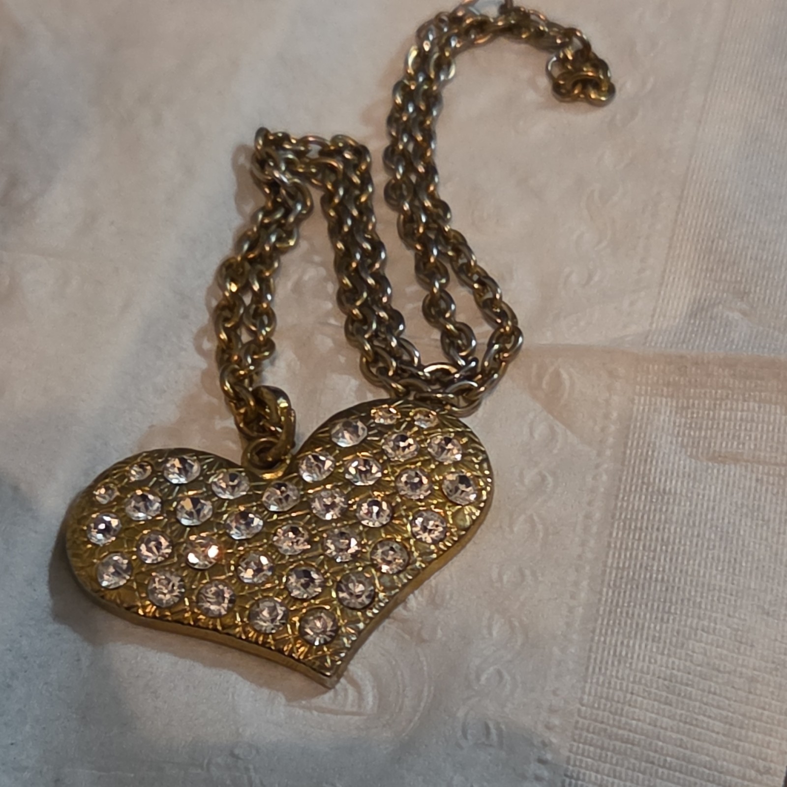 Vintage Betsey Johnson Puffy Heart Pendant Necklace Gold Tone Clear Crystal Pave