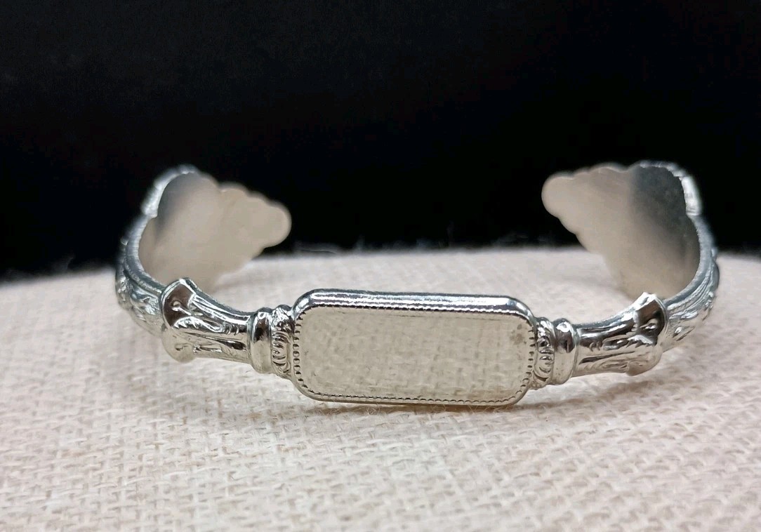Vintage Spoon Cuff Bracelet ID Engravable Silver Tone Floral Size 5-7 Adjusts
