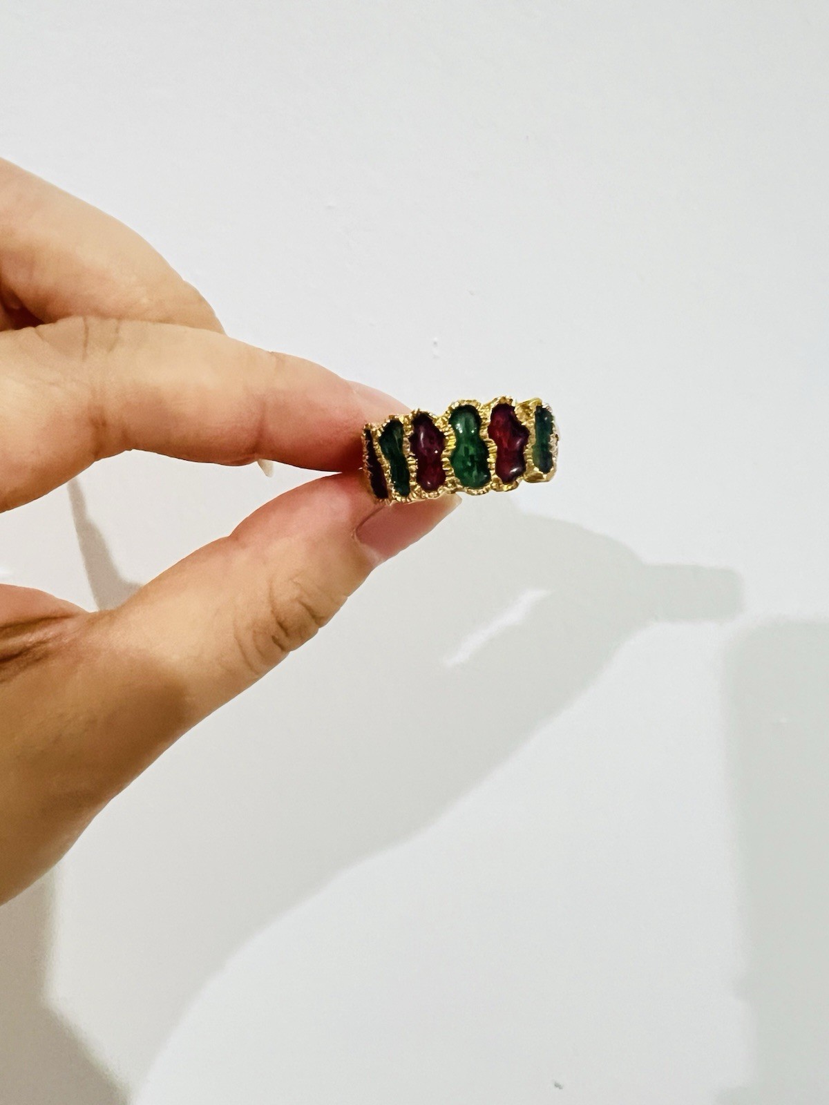 Vintage Brutalist 14K Gold Red & Green Enamel Statement Ring Size 7.25