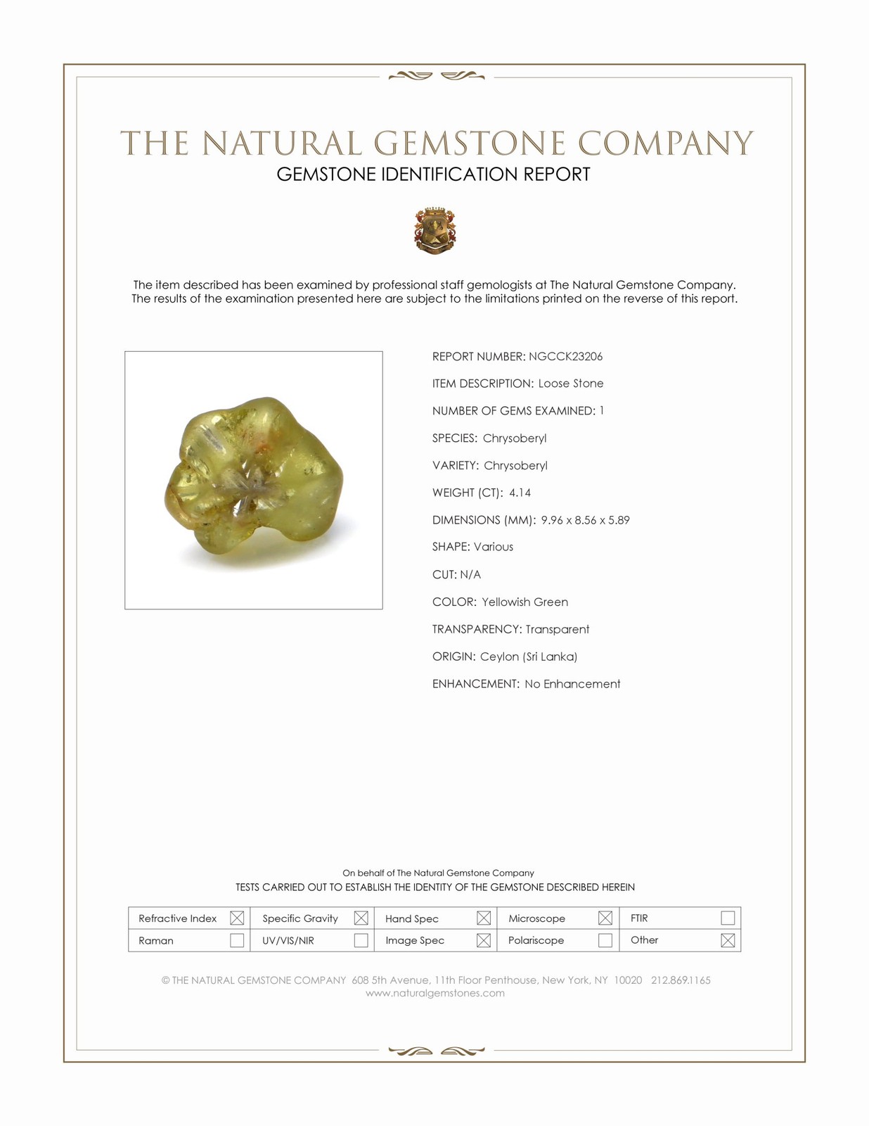 Ceylon (Sri Lanka) Various Yellowish Green Chrysoberyl 4.14CT