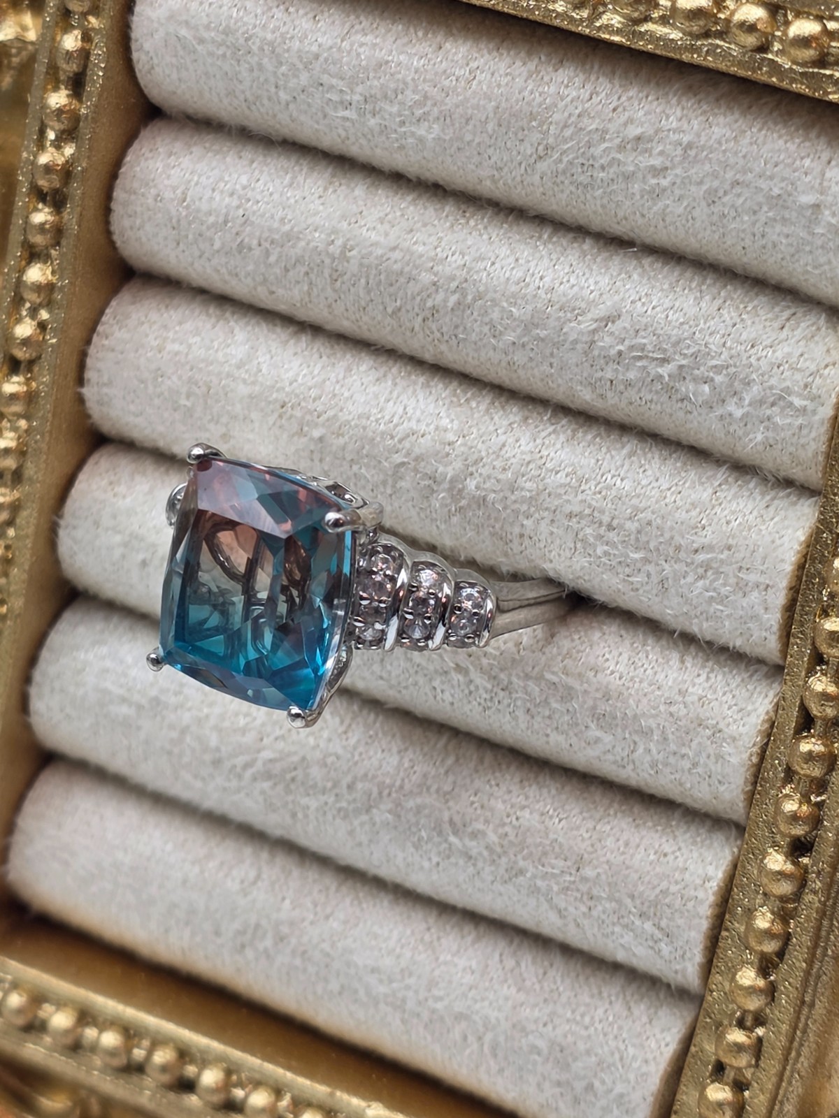 6.40ctw Aqua Terra Costa Quartz (Triplet) & Zircon Ring Platinum Plated Size 7