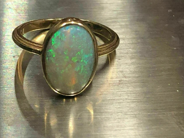 3Ct Oval Natural Opal Bezel Set Solitaire Engagement Ring 14K Yellow Gold Plated