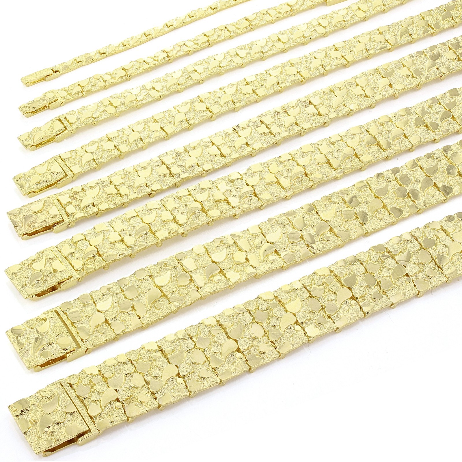 14k Yellow Gold Solid Nugget Bracelet 7″-9″ 4mm to 25mm Adjustable