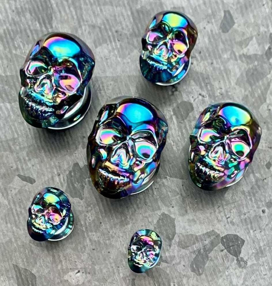 PAIR of Skull Front Pyrex Glass Plugs Gauges Tunnels Body Jewelry