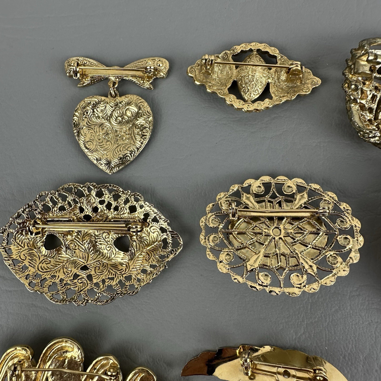 Vintage Brooch Lot 15 Gold Tone Rhinestone Faux Pearl Heart Elephant Floral