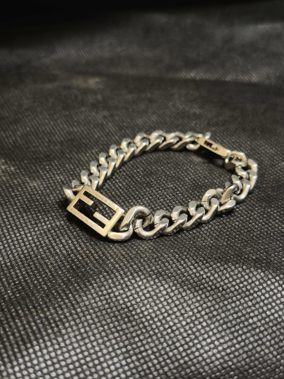 FENDI FF Baguette Logo Chain Bracelet Silver Tone Metal Italy Vintage Unisex