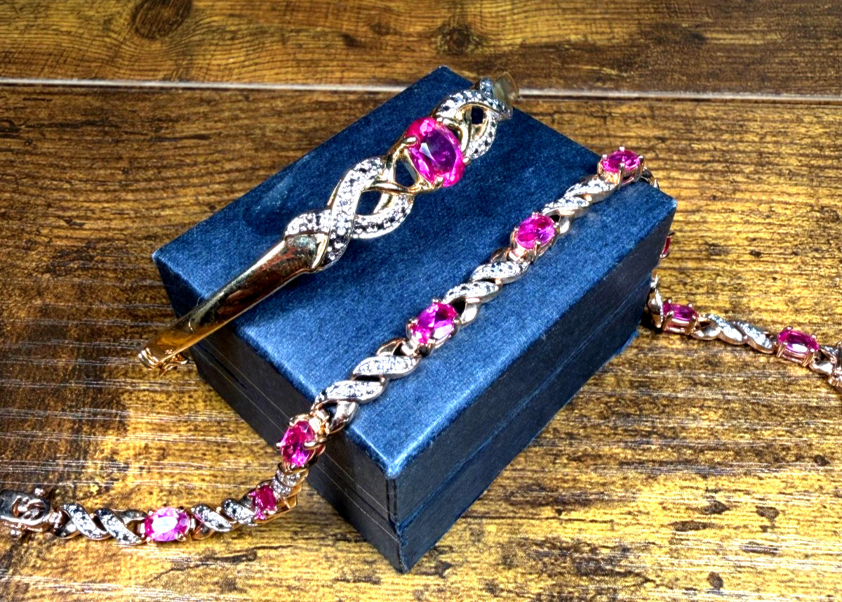 Ross-Simons 18K Gold Vermeil 925 Sterling Silver Pink Topaz Diamond Bracelet Set