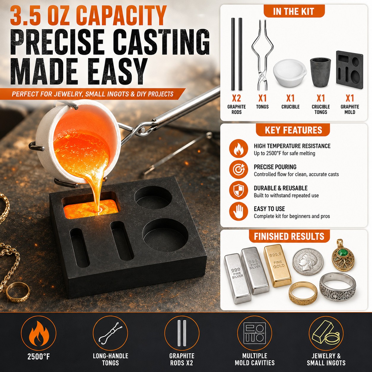 6Pack Graphite Ingot Crucible Mold Torch Melting Kit Gold Silver Copper Jewelry