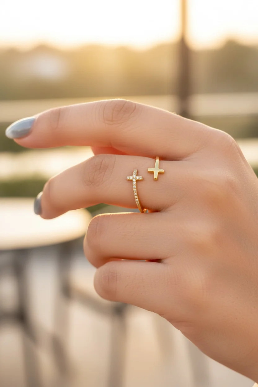 Gold & CZ Double Cross Ring by Stella Amoré: Adjustable Christian Jewelry