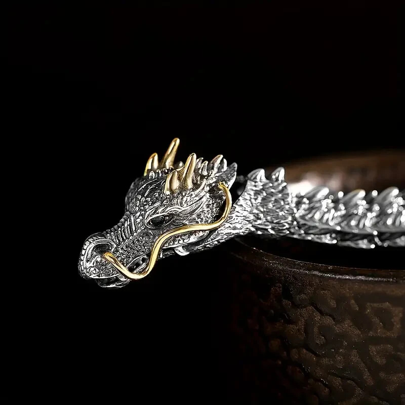 Men Vintage Dragon Viking Stainless Steel Scale Chain Wrist Cuff Bangle Bracelet