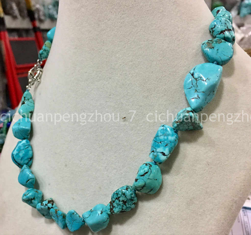 Natural Stone Blue Turquoise 10-14mm Irregular Beads Gemstone Chain Necklace 18″