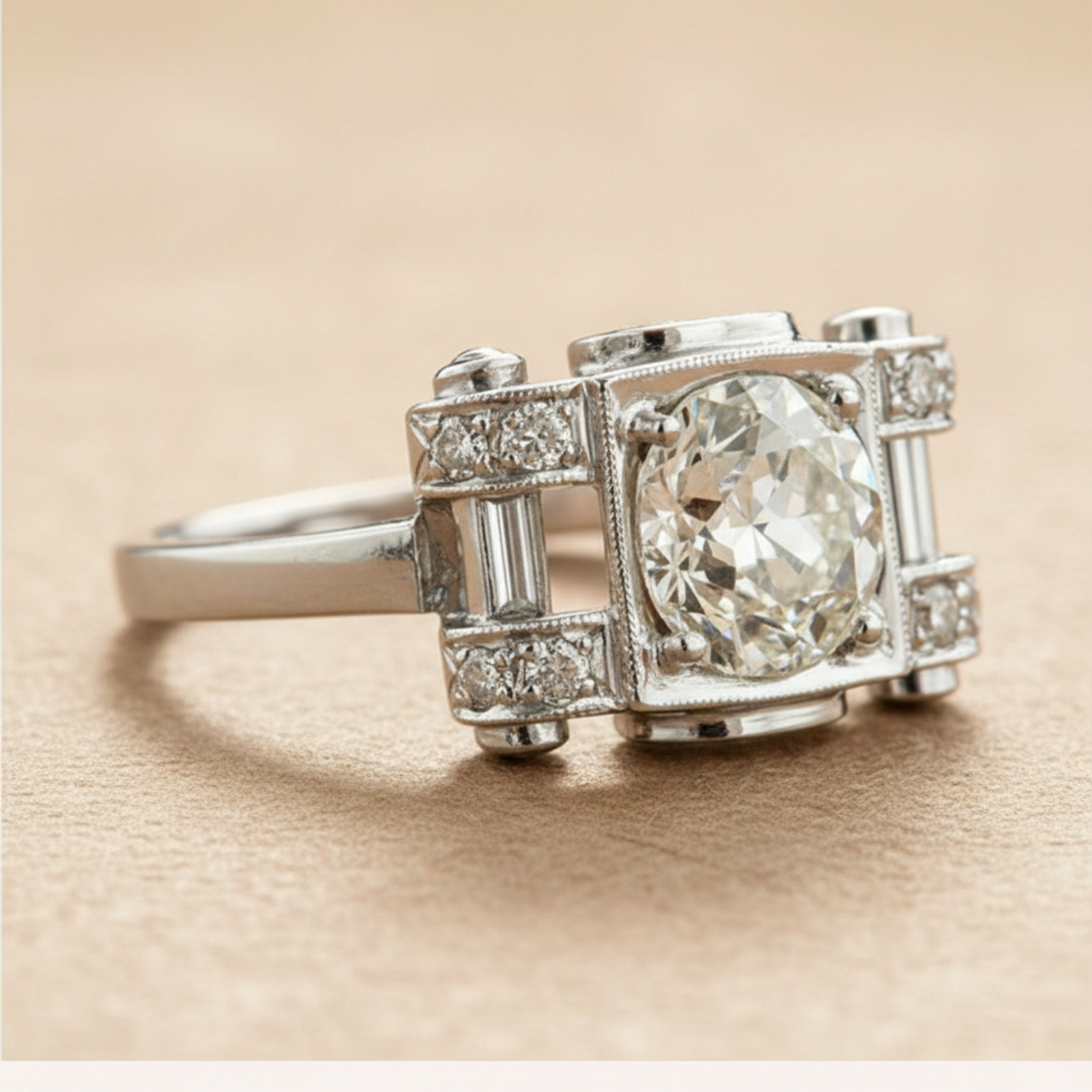 Old European Cut Simulated Diamond 14K Gold Vintage Style Art Deco Wedding Ring