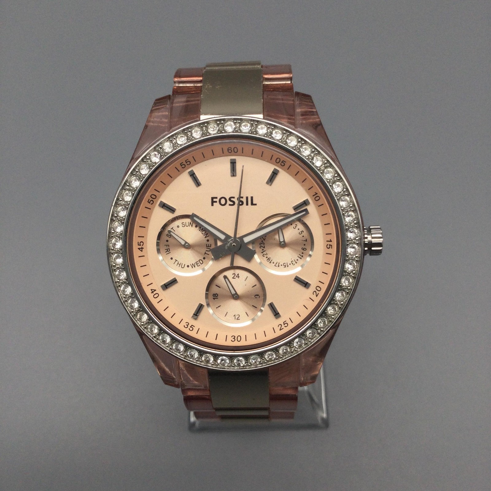 Fossil Riley ES2816 Womens Watch 37mm Gold Tone Pink Bracelet New Battery 7″