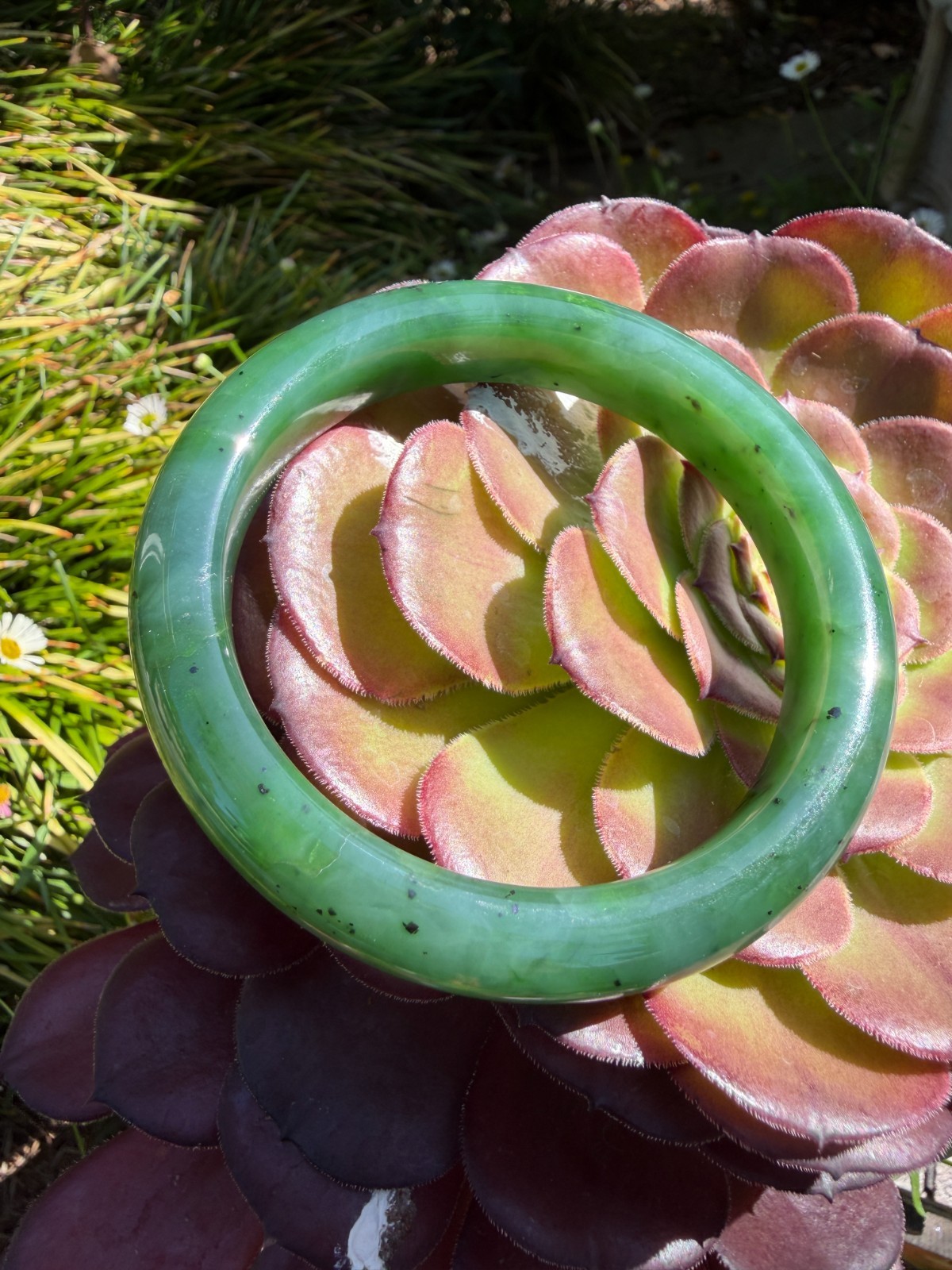 61mm Green Siberian Nephrite Bangle Bracelet, Old Pit Material, Green Jade