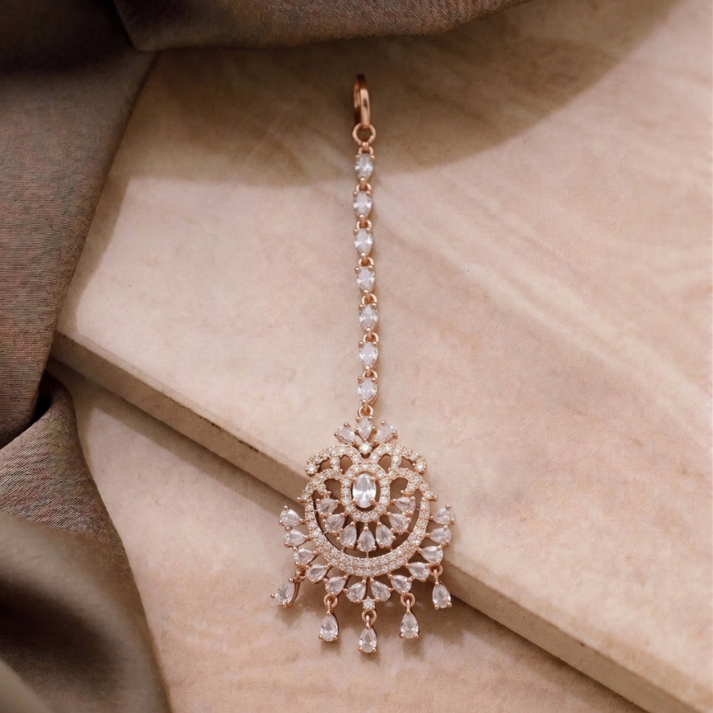 Rose Gold CZ Bridal Headpiece Maang Tikka Ethnic Jewelry for Women